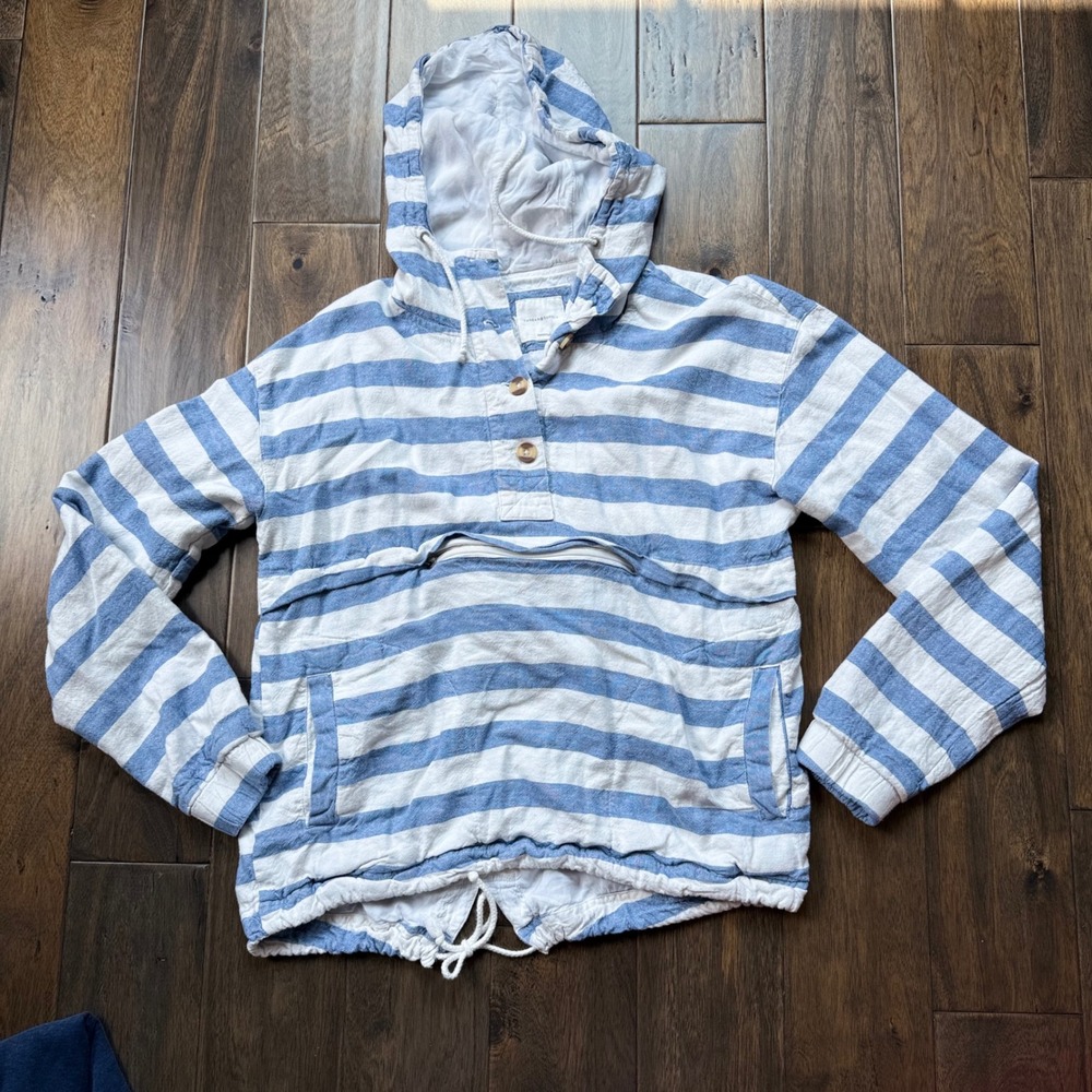 Thread & Supply Anorak Hoodie Women Medium Blue White Excellent Striped Linen
